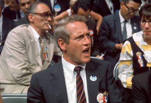 Newman voices off at the Democratic National Convention in Chicago, August 1968. Sitting behind him is playwright Arthur Miller, cigarette in mouth. By Lee Balterman/Time Life Pictures/Getty Images.